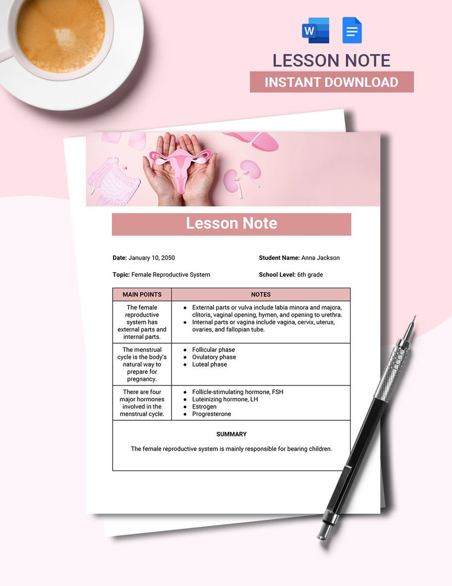 Lesson Note Format Template in Word, Google Docs