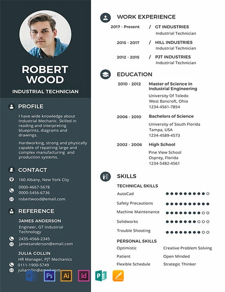 Technician Resume Template - Illustrator, InDesign, Word, Apple Pages, PSD, Publisher