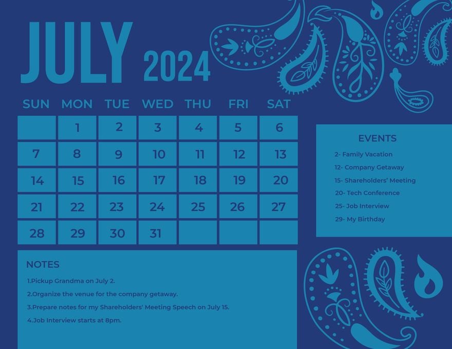 Blue July 2024 Calendar