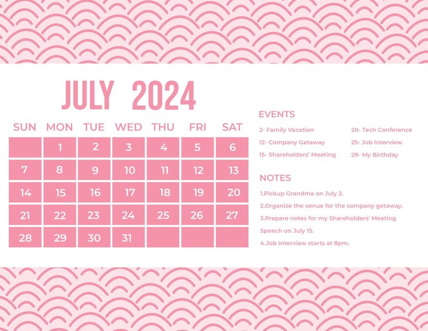 Pink July 2024 Calendar