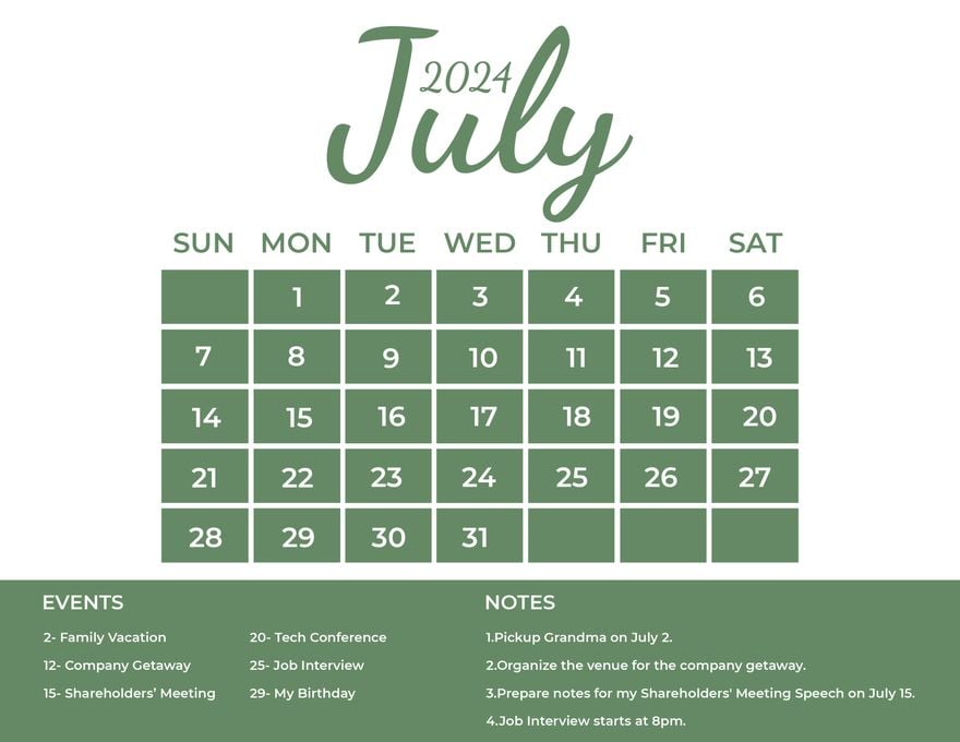 Calligraphy July 2024 Calendar