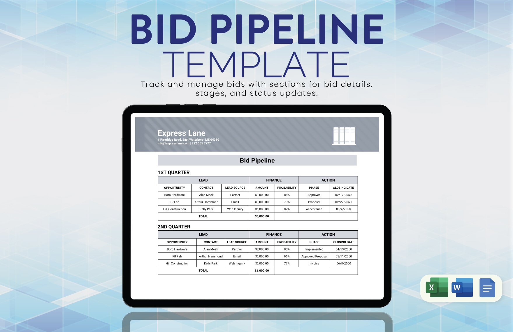 Bid Pipeline Template in Word, Google Docs, Excel
