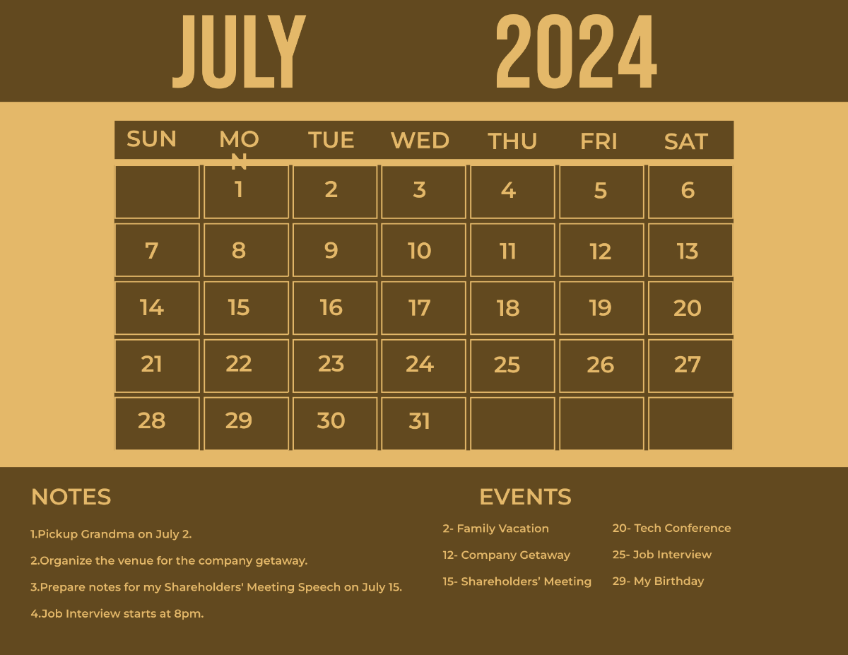 Printable July 2024 Monthly Calendar Template