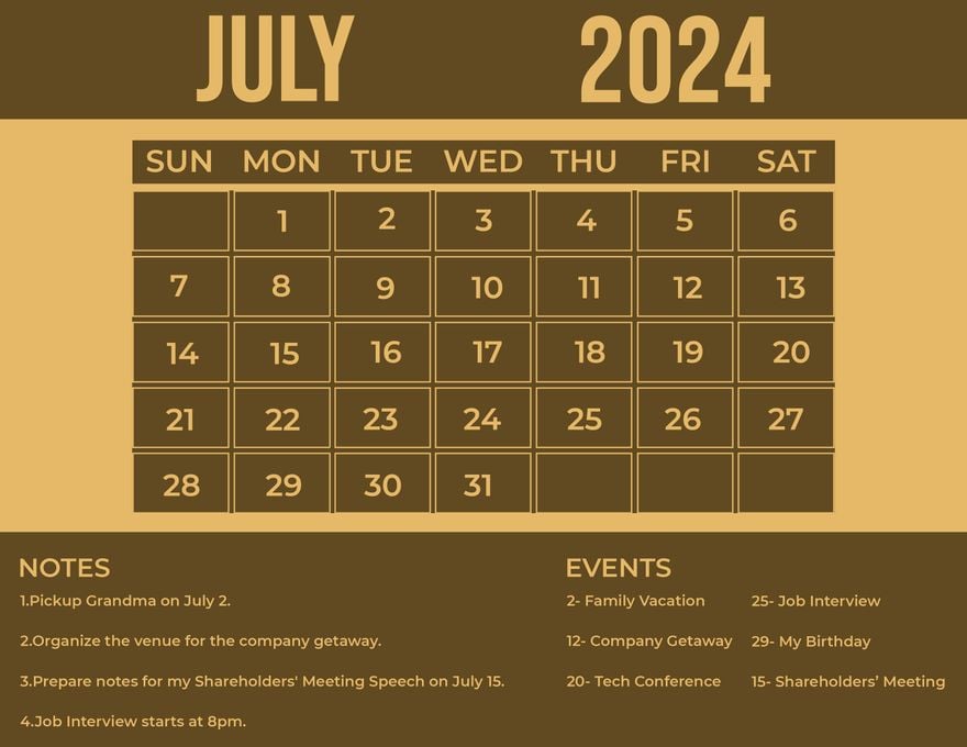 Printable July 2024 Monthly Calendar