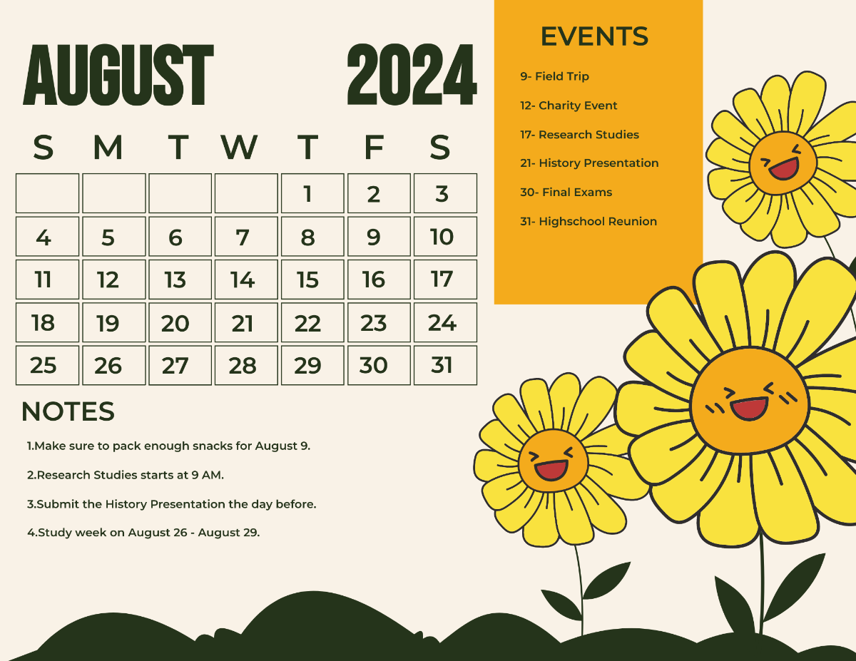 Cute August 2024 Calendar Template