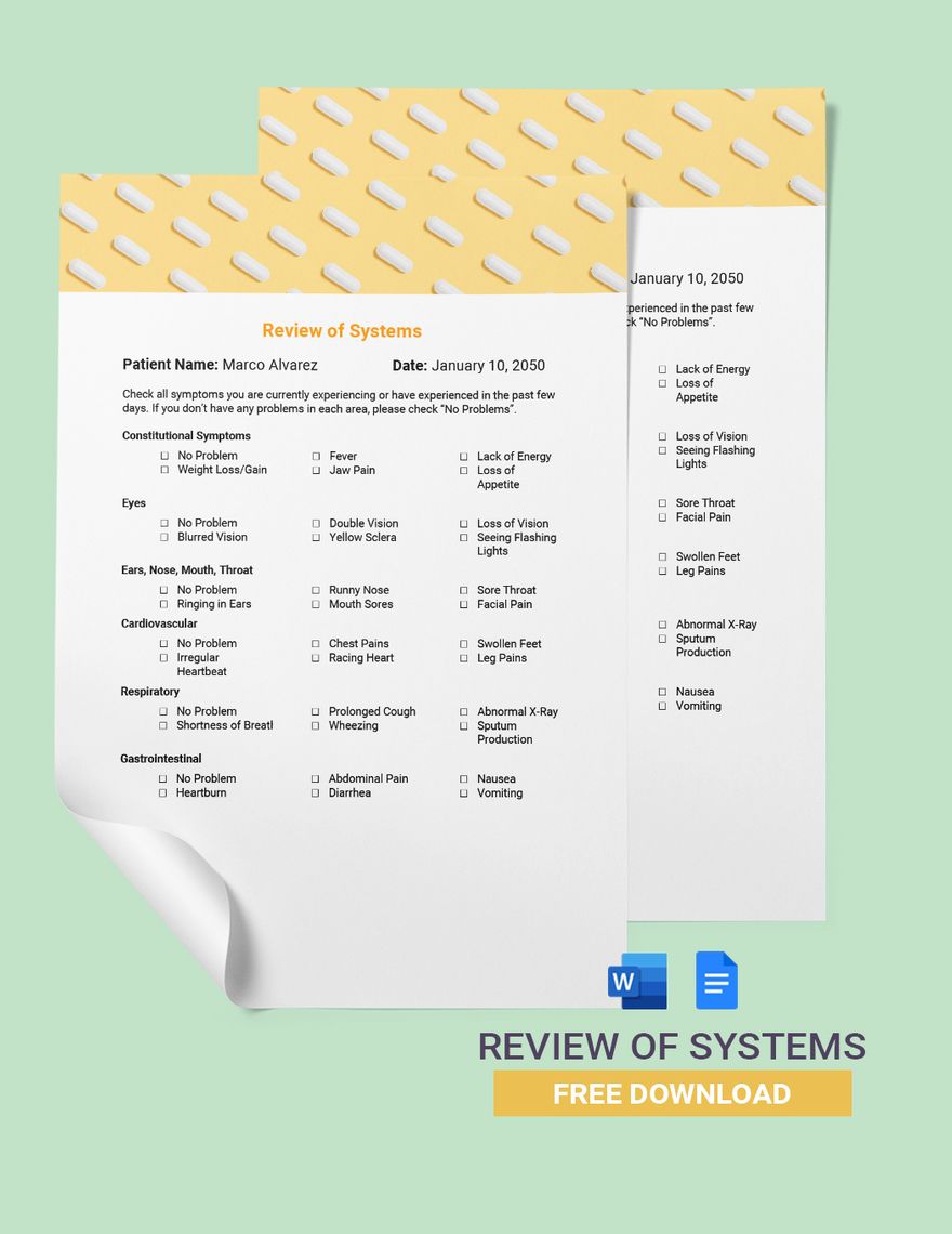 Free Review Of Systems Template