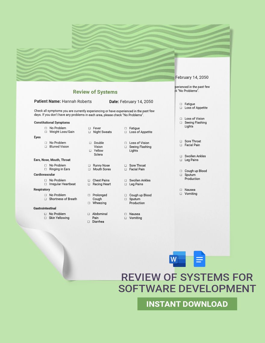 Review Of Systems Template For Software Development