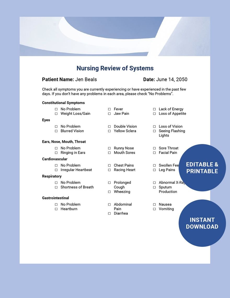 Nursing Review Of Systems Template in Word, Google Docs, PDF