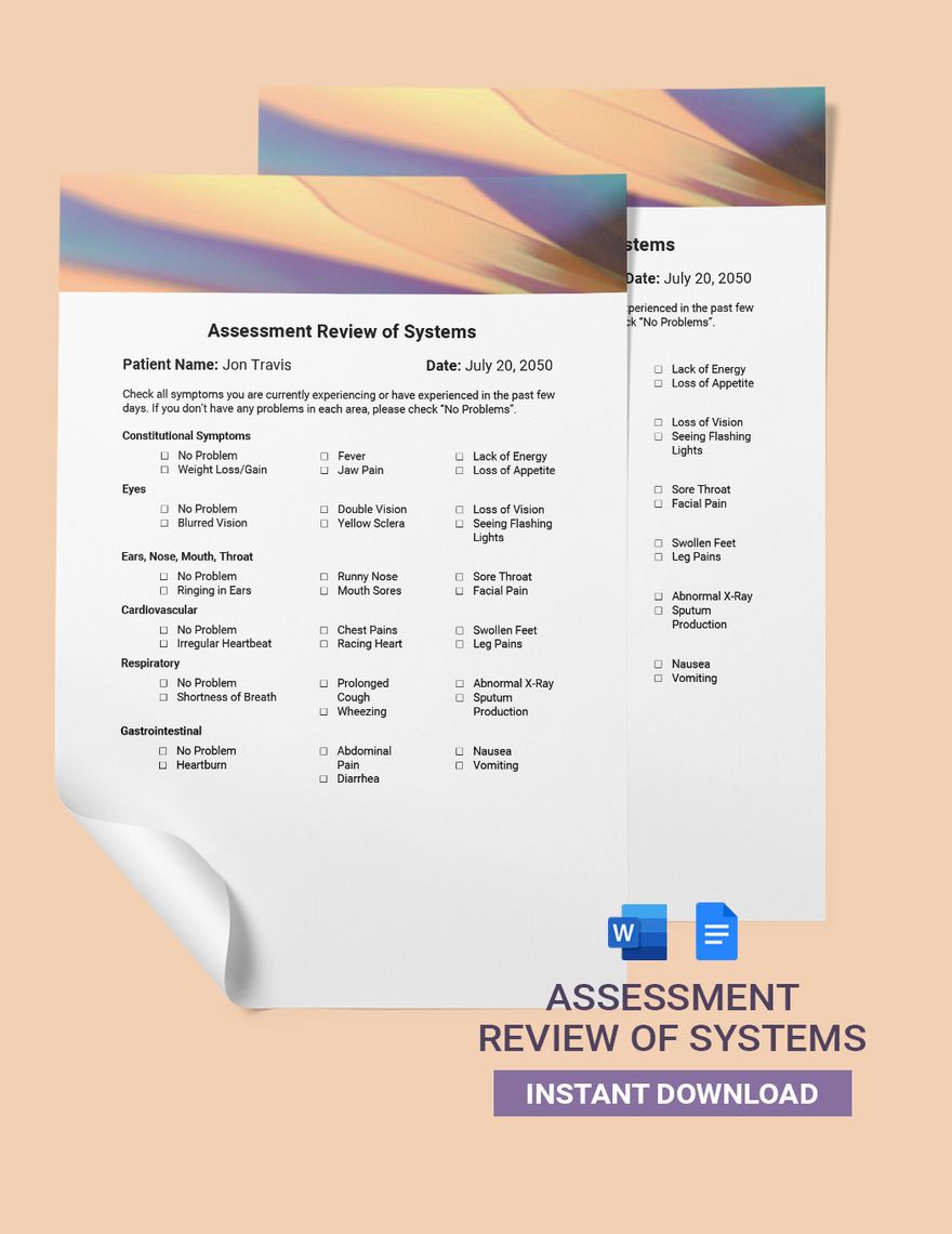Assessment Review Of Systems Template in Word, Google Docs, PDF