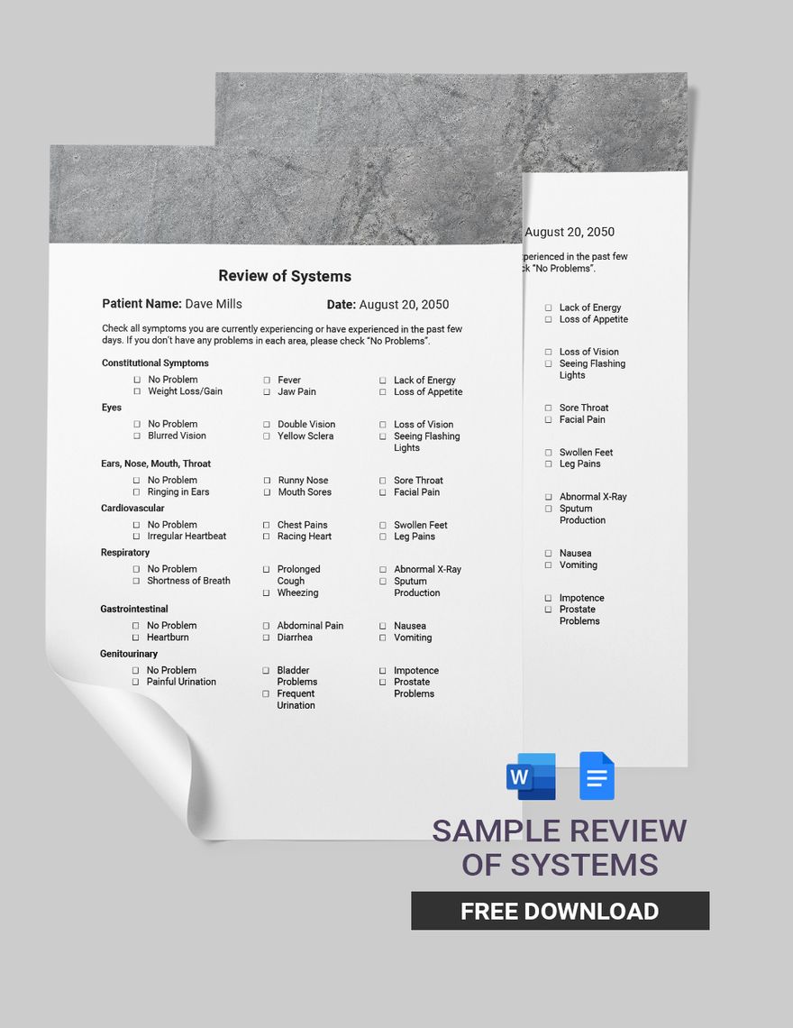 Sample Review Of Systems Template