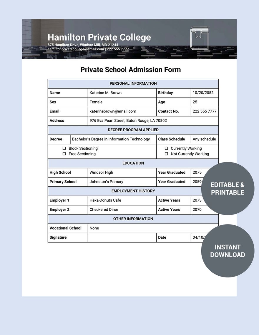 Private School Admission Form