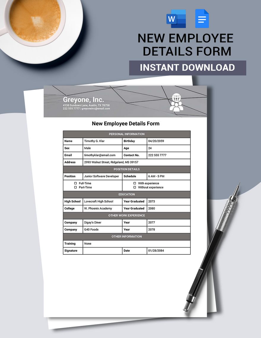 New Employee Details Form Download In Word Google Docs Template