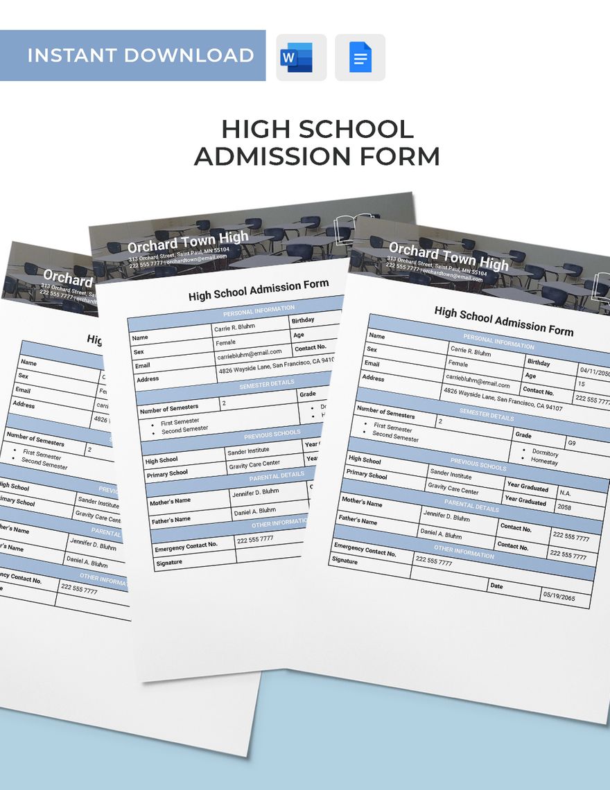 High School Admission Form in Word, Google Docs