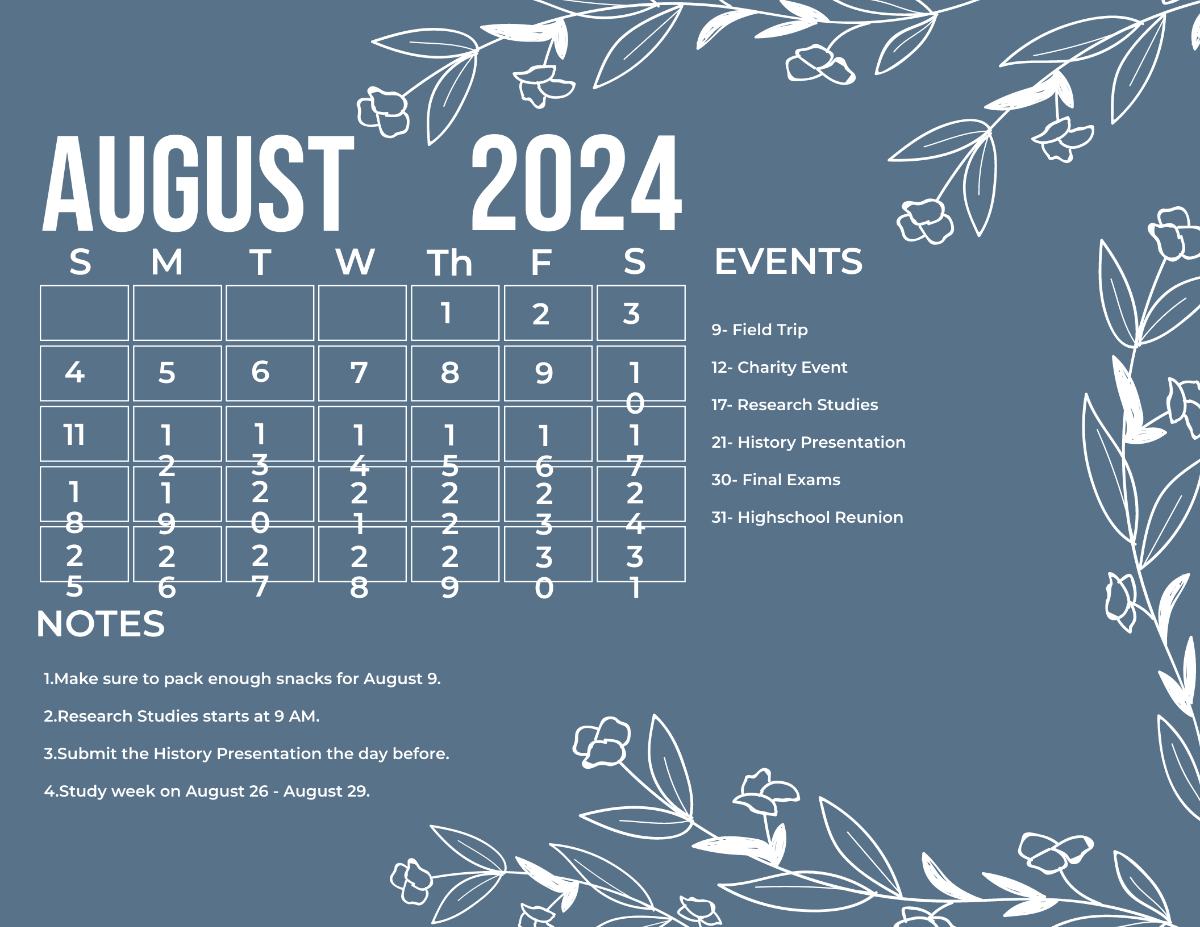 Floral August 2024 Calendar Template