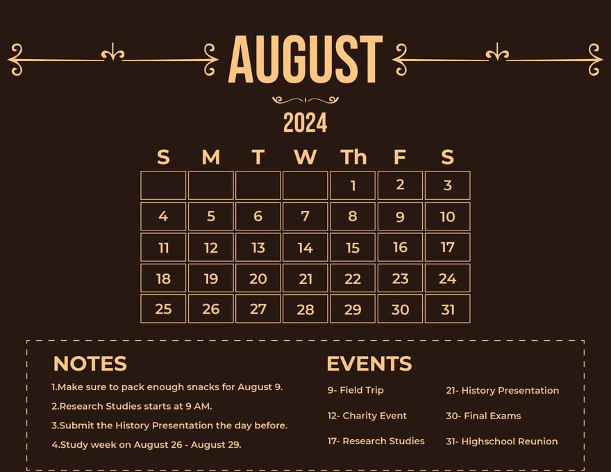 Fancy August 2024 Calendar
