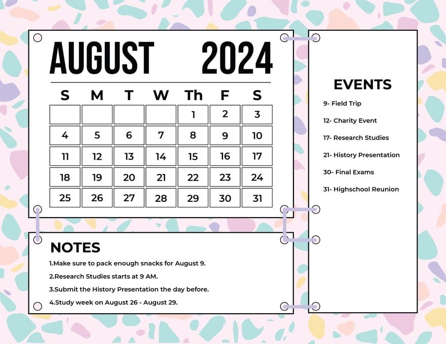 Colorful August 2024 Calendar