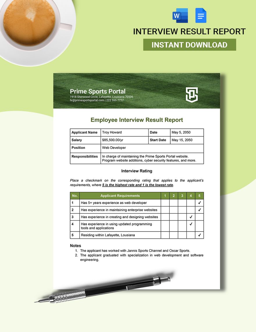 Interview Result Report In Word Google Docs Download Template