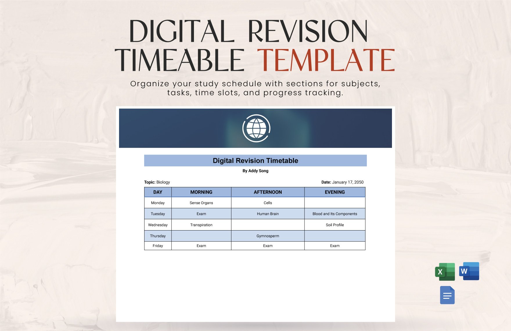Free Digital Revision Timetable in Word, Google Docs, Excel