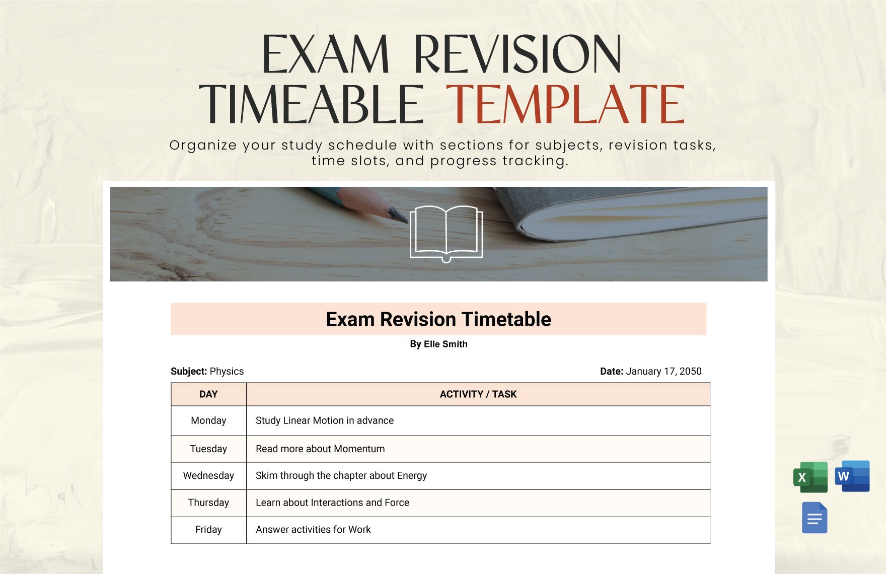 Exam Revision Timetable Template in Word, Google Docs, Excel
