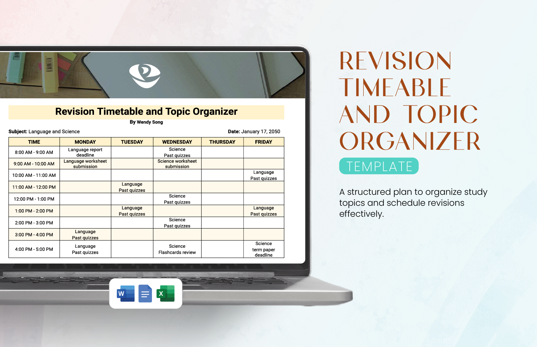 Revision Timetable And Topic Organizer Template in Word, Google Docs, Excel