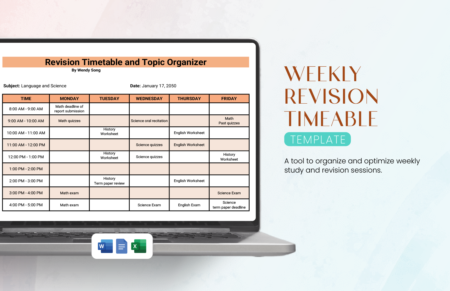 Weekly Revision Timetable Planner Template in Word, Google Docs, Excel