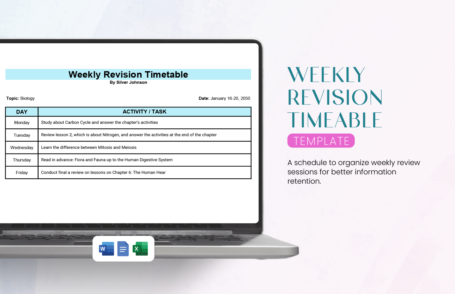 Weekly Revision Timetable Template in Word, Google Docs, Excel
