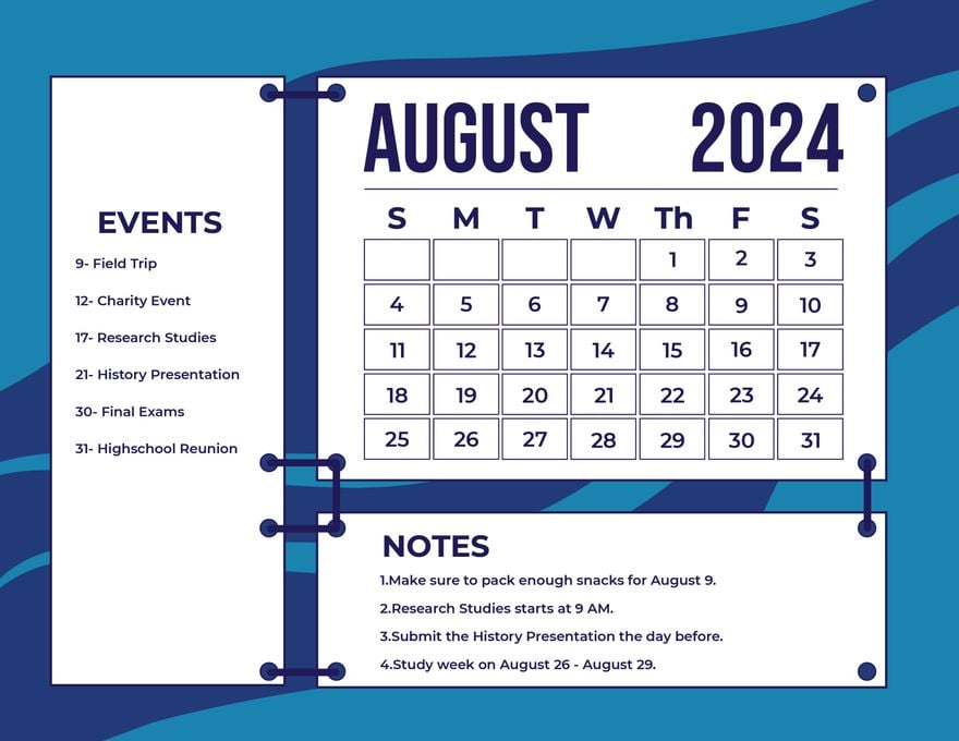 Blue August 2024 Calendar