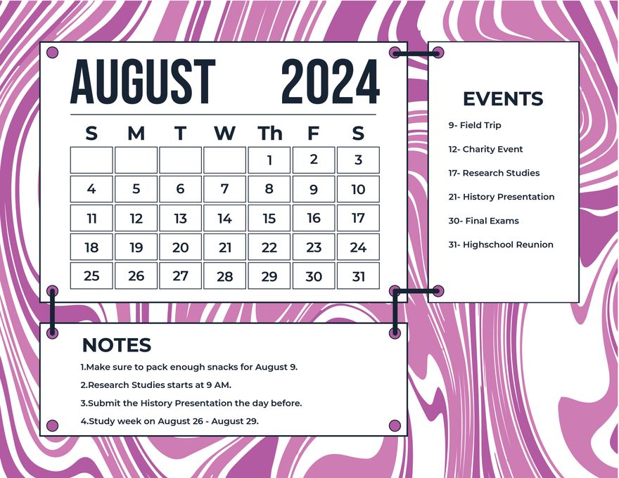 Cute August 2024 Calendar in EPS, Illustrator, JPG, Word, SVG