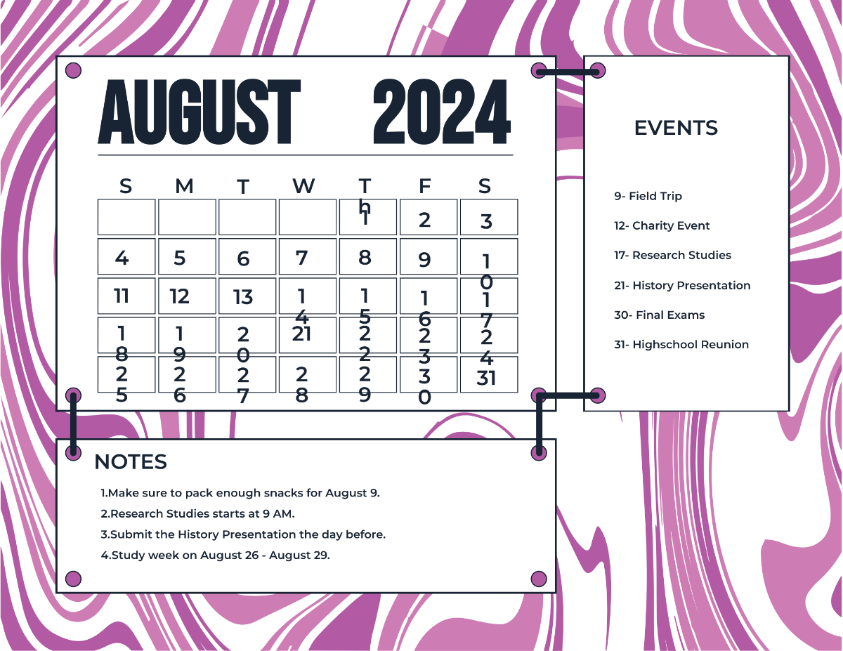 Pink August 2024 Calendar Template