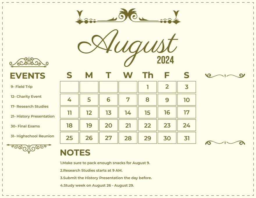 Calligraphy August 2024 Calendar