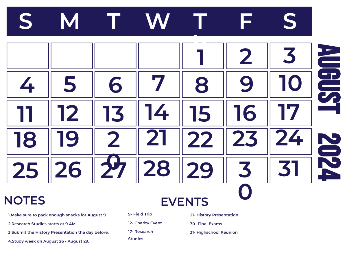 Simple August 2024 Calendar Template
