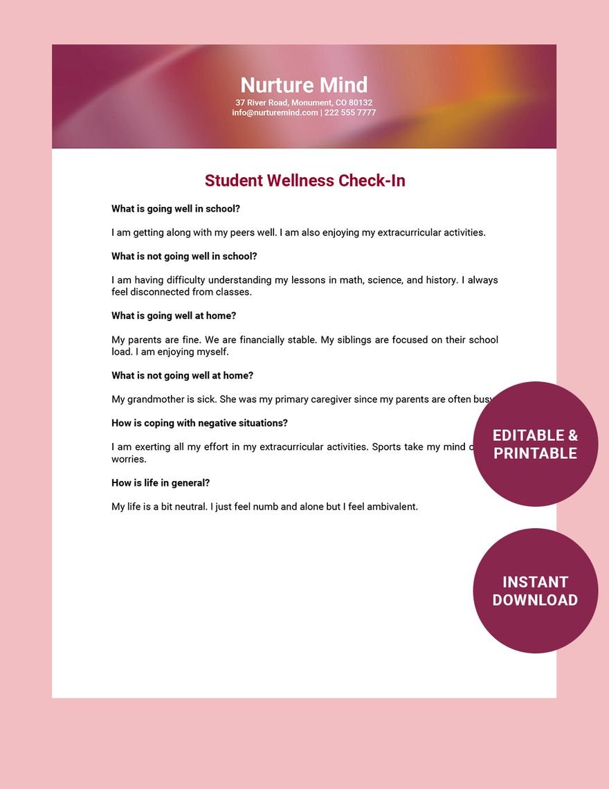 Student Wellness Check-In Template in Word, Google Docs