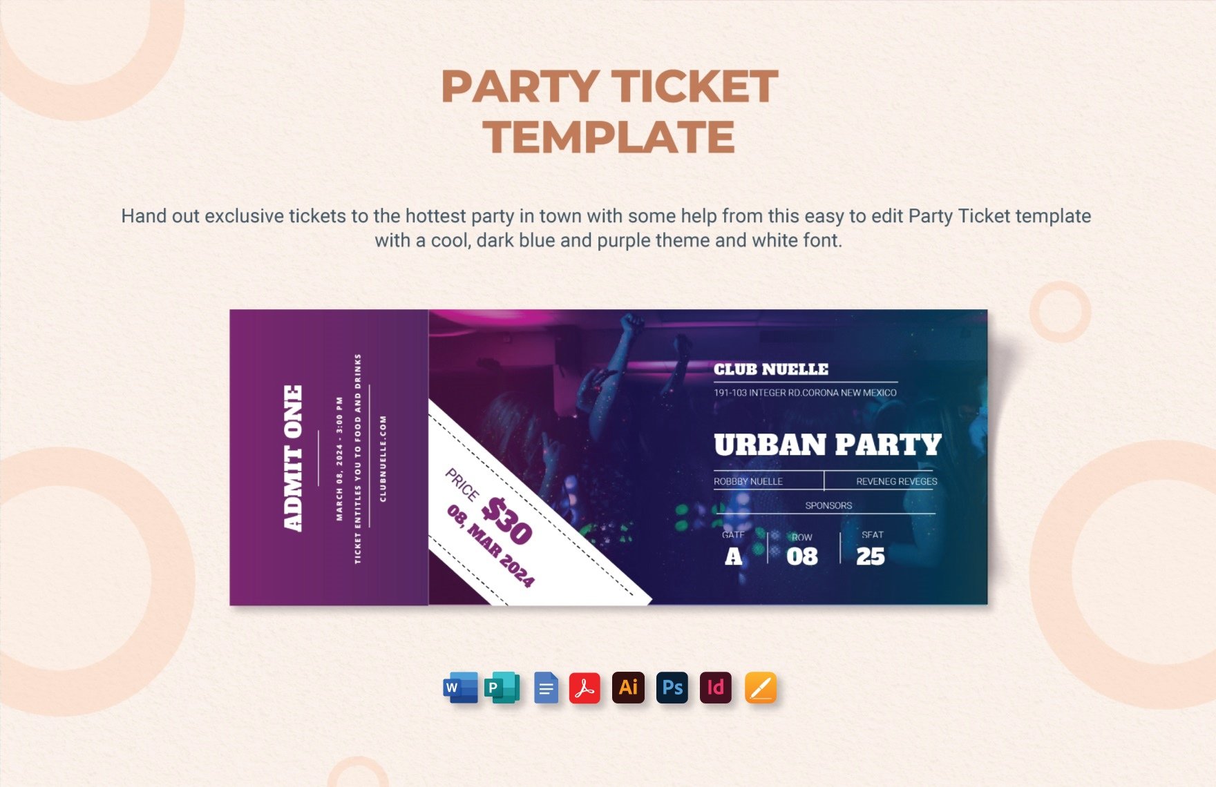 Party Ticket Template in Word, Google Docs, PDF, Illustrator, PSD, Apple Pages, Publisher, InDesign