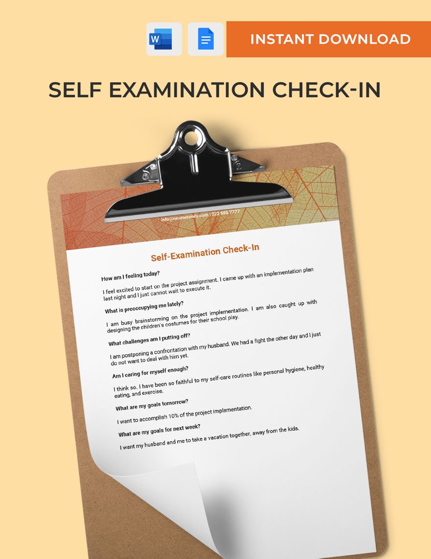 Self Examination Check-In Template in Word, Google Docs
