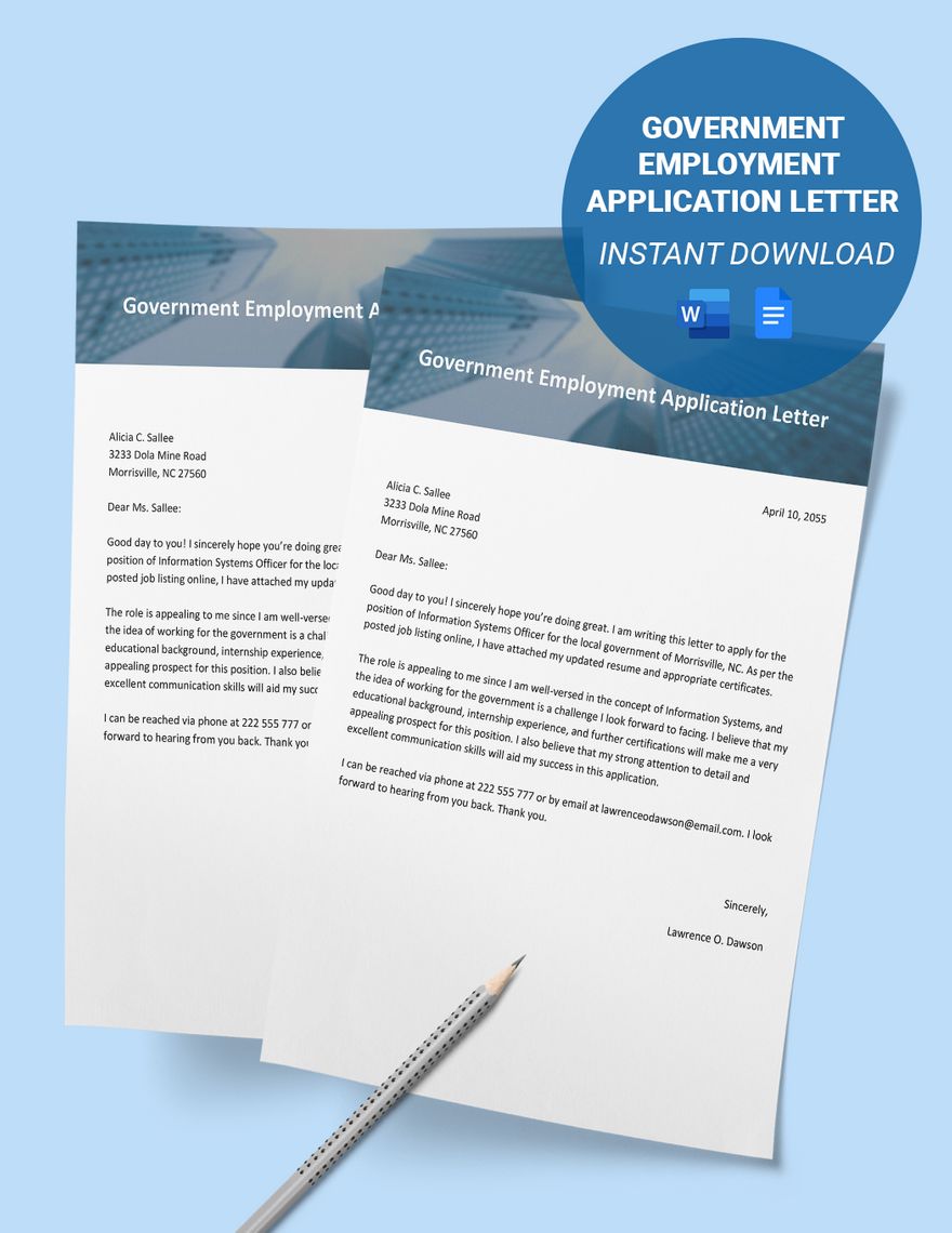 Application Letter For Government Employment