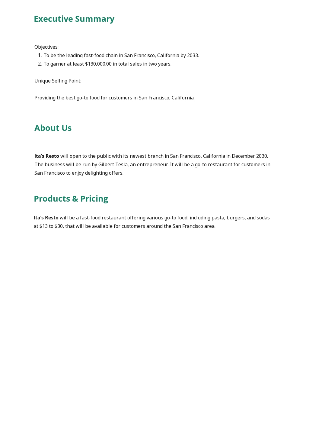 food business plan template pdf