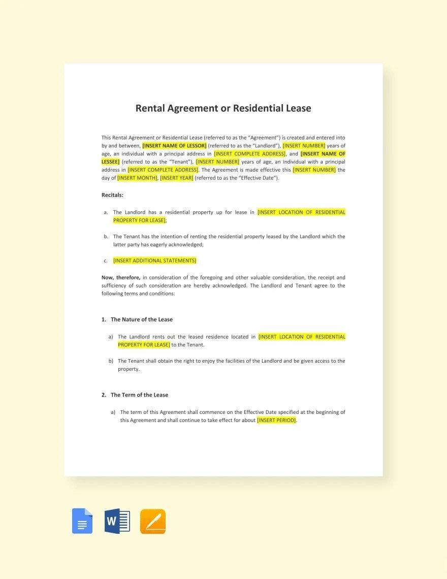 Rental Agreement or Residential Lease Template in Word, Google Docs, Apple Pages