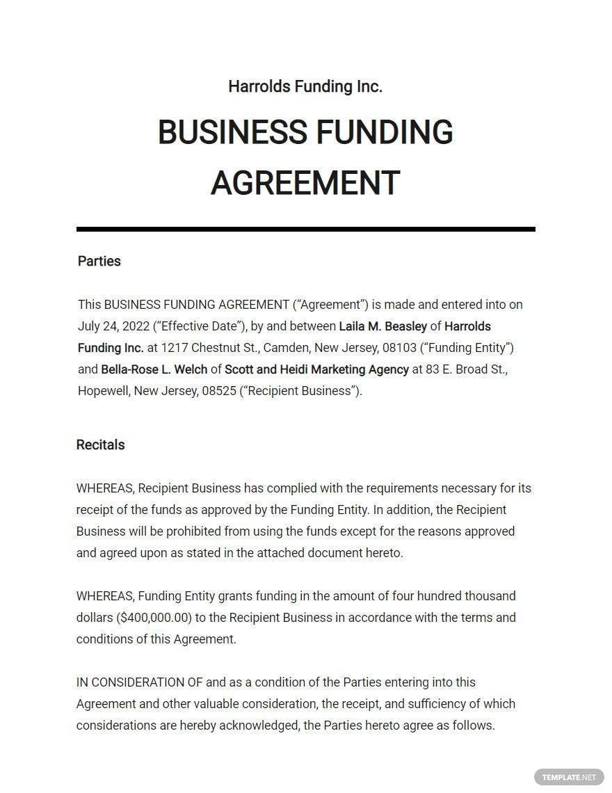 Sample Business Funding Agreement Template