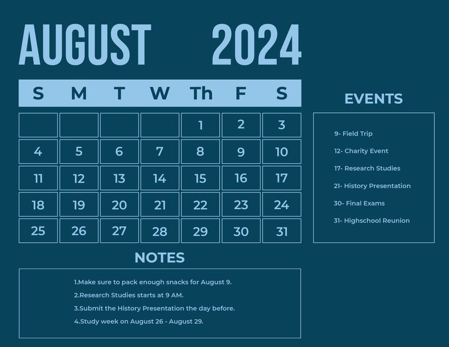 Printable August 2024 Monthly Calendar in Word, Illustrator, EPS, SVG, JPG