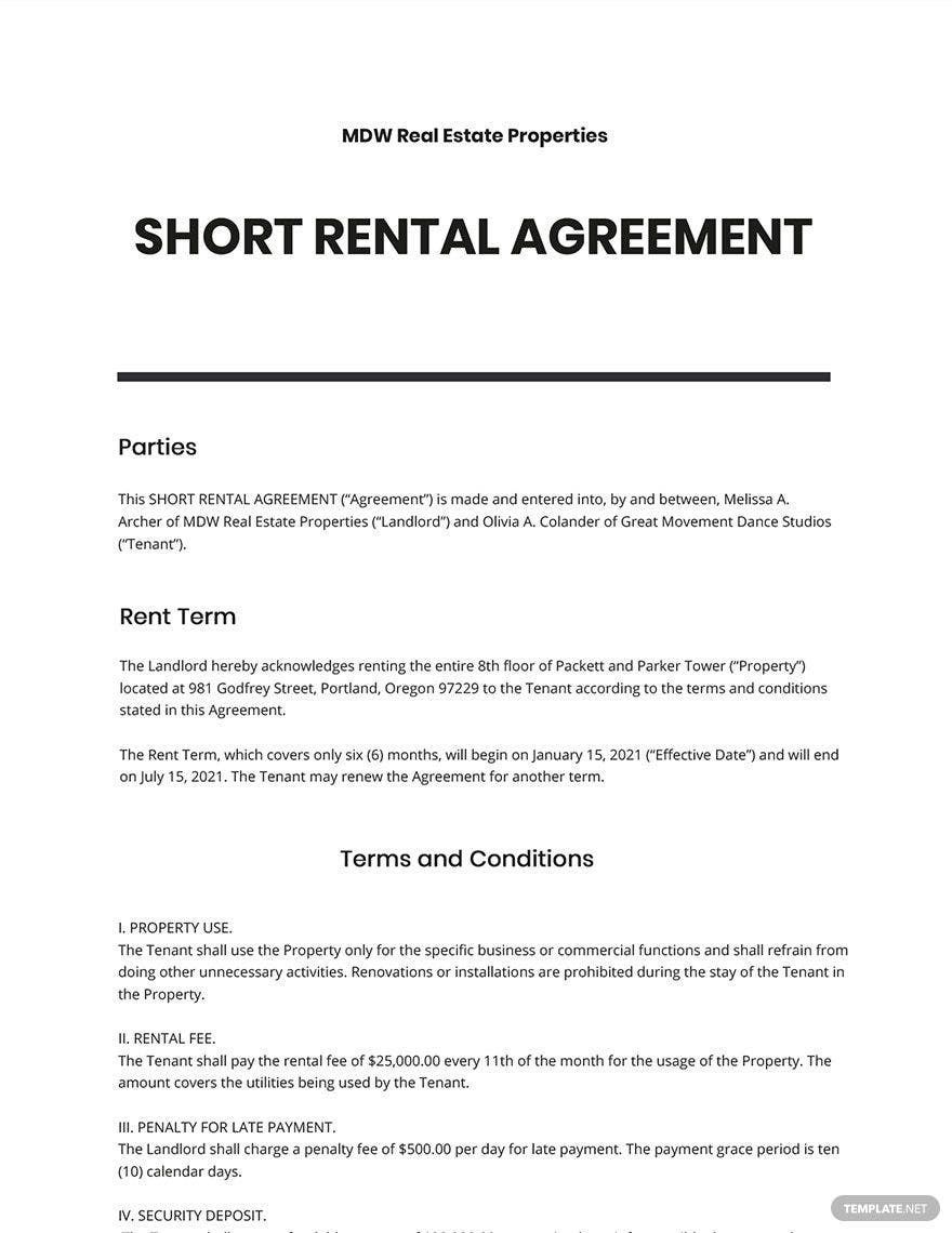 Short Rental Agreement Template