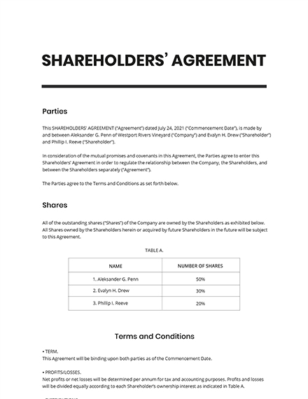 template agreement shareholders shareholder company doc