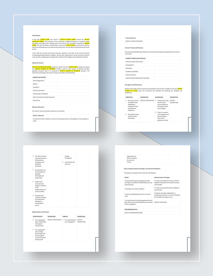 Church Strategic Plan Template in Pages Word Google Docs Download