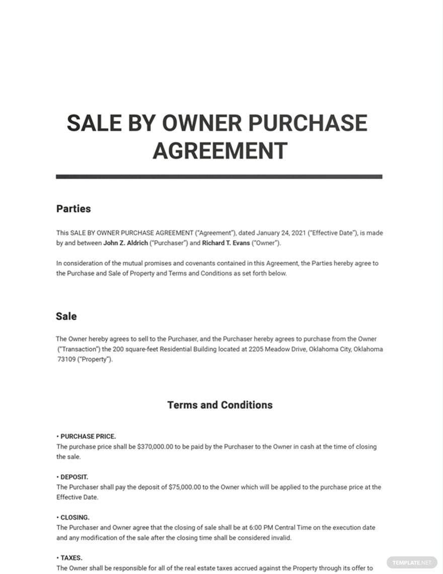 Sale by Owner Purchase Agreement Template Google Docs Word Apple