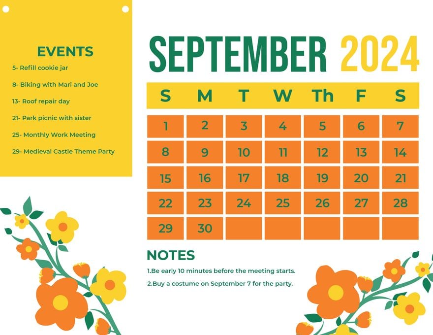 Floral September 2024 Calendar