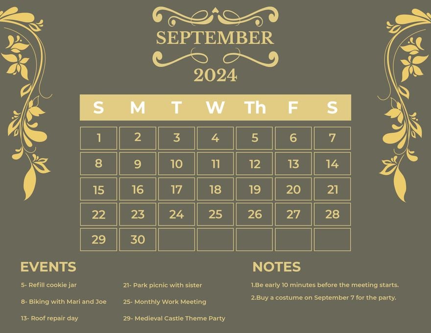 Fancy September 2024 Calendar in Word, Illustrator, EPS, SVG, JPG