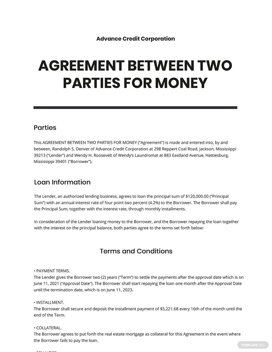 Agreement Between Two Parties For Money Template Google Docs Word 