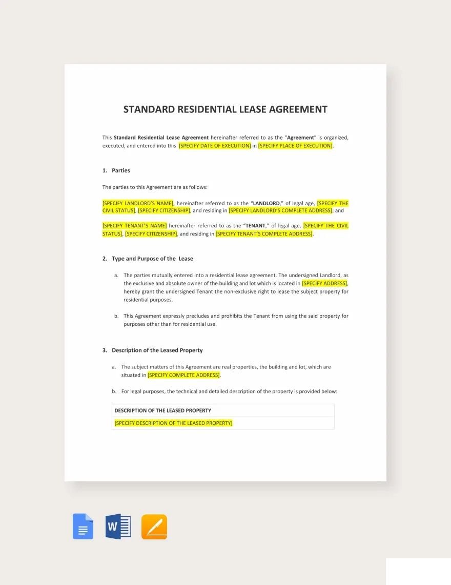 Standard Residential Lease Agreements Template