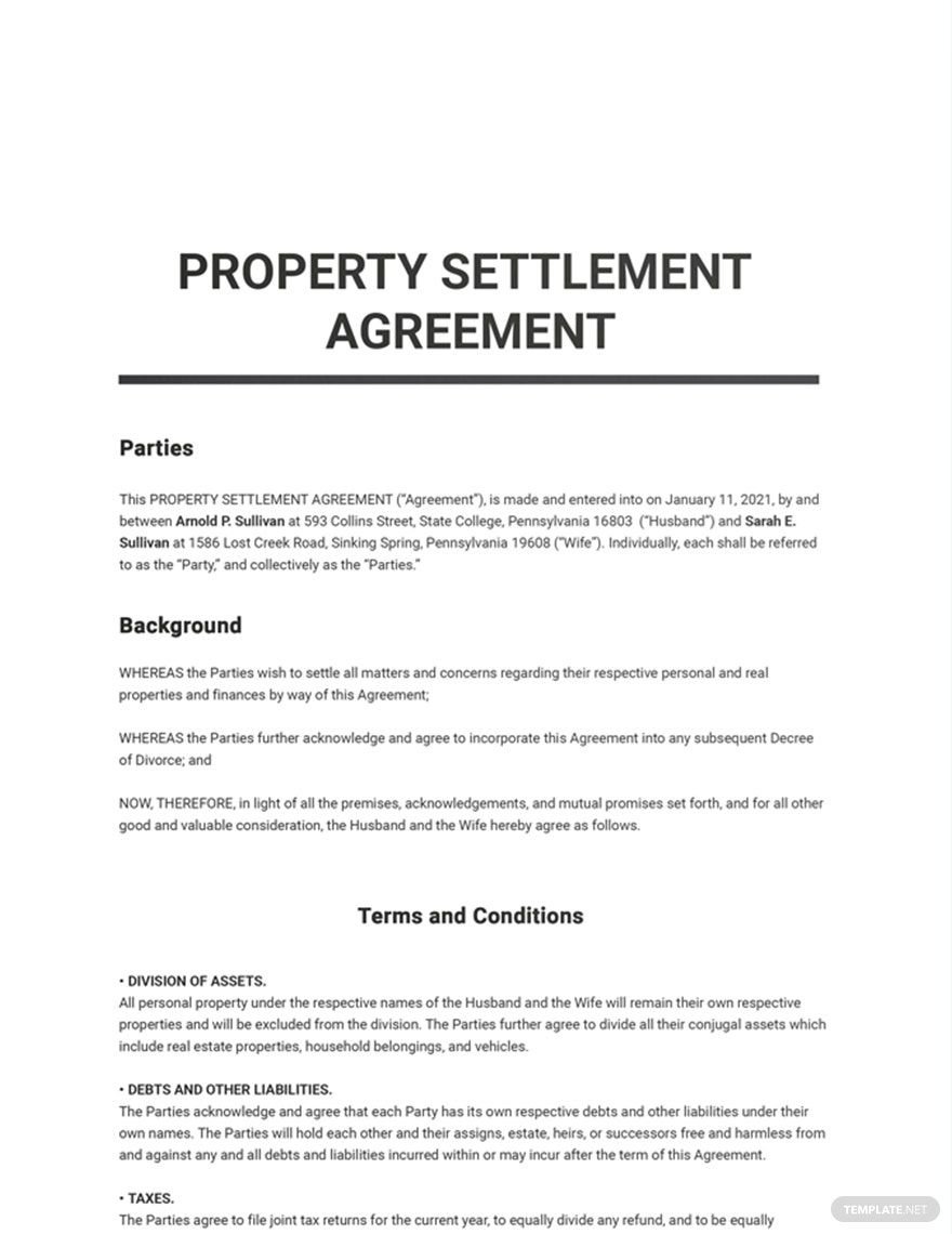 Property Settlement Agreement Template