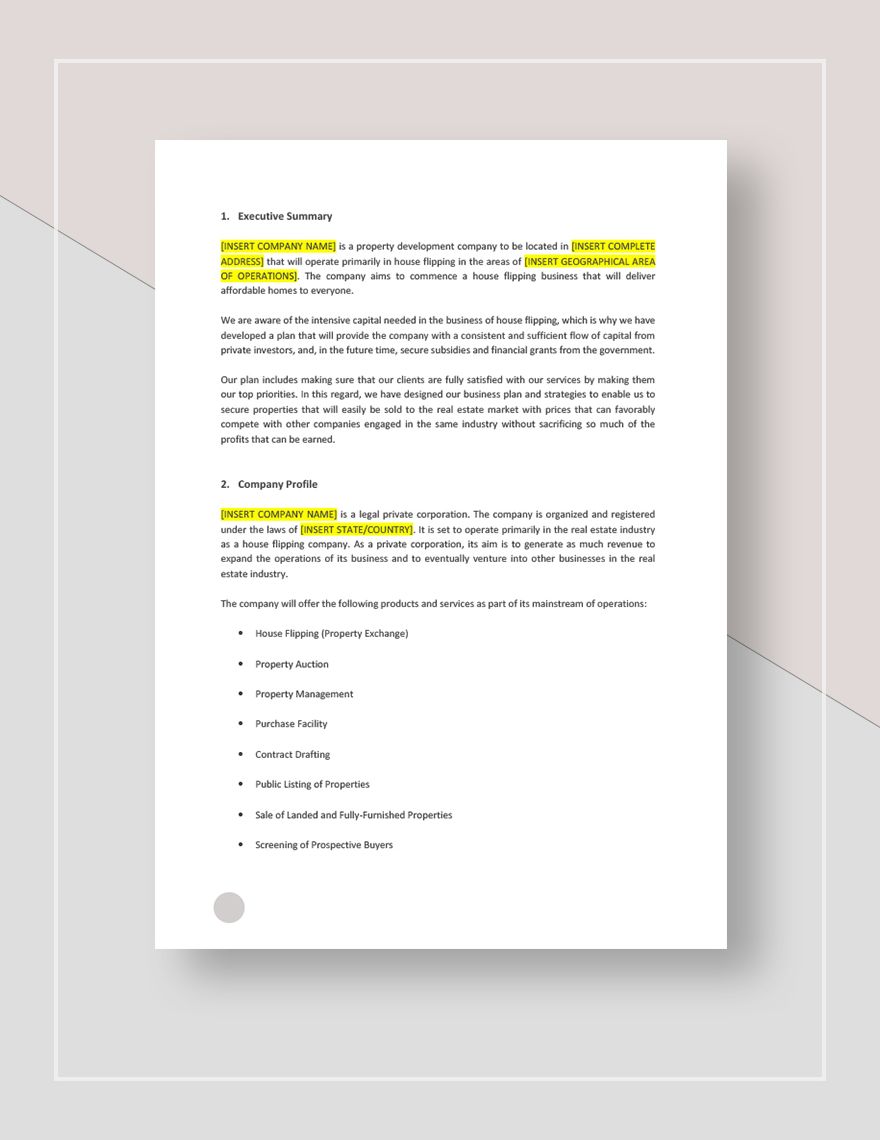 House Flipping Business Plan Template In Pages Word Google Docs 