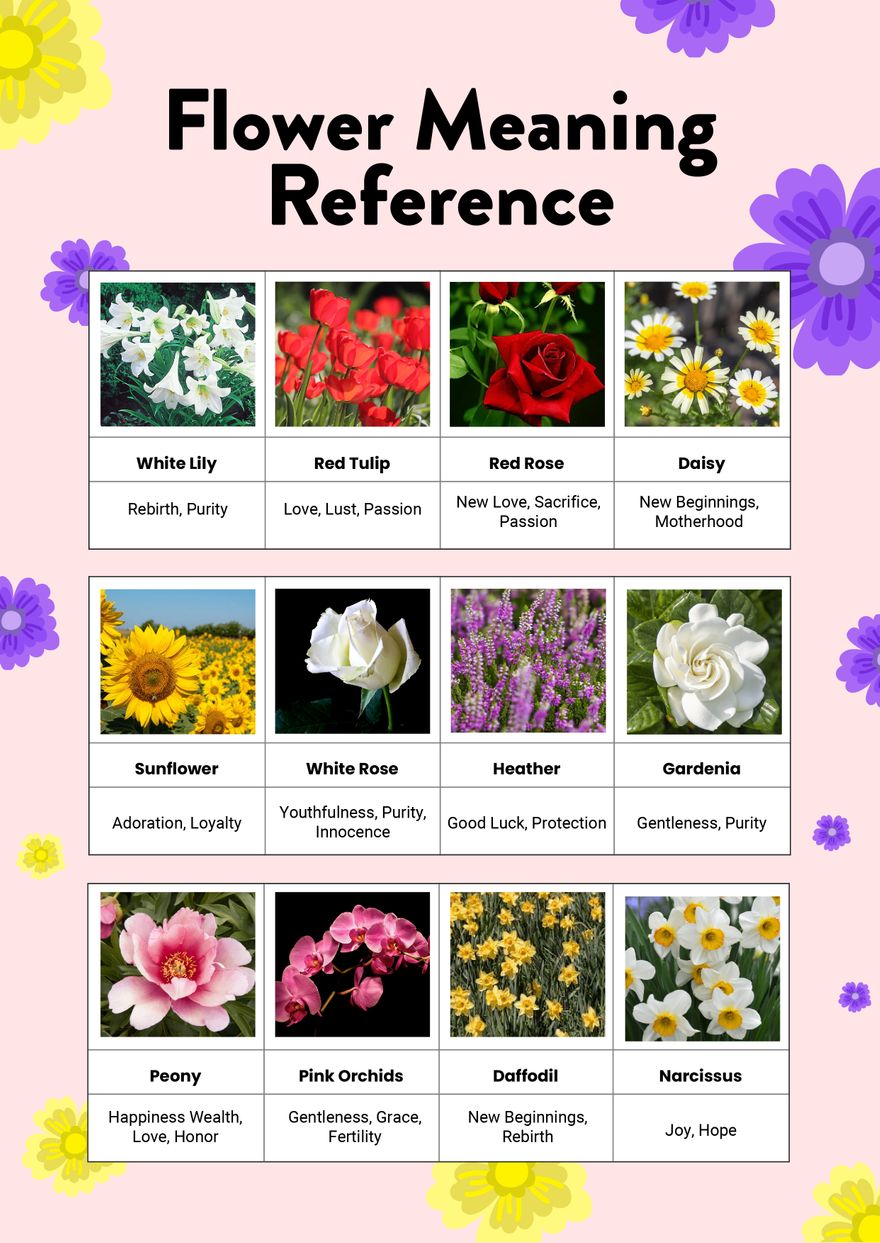 Flower Meaning Reference Chart in PDF, Illustrator